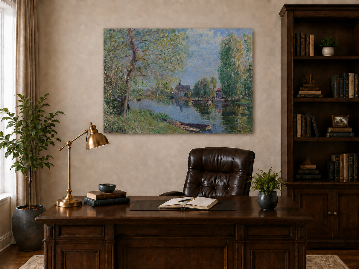 Landscape Oil Painting - Quiet River with Trees and Village View