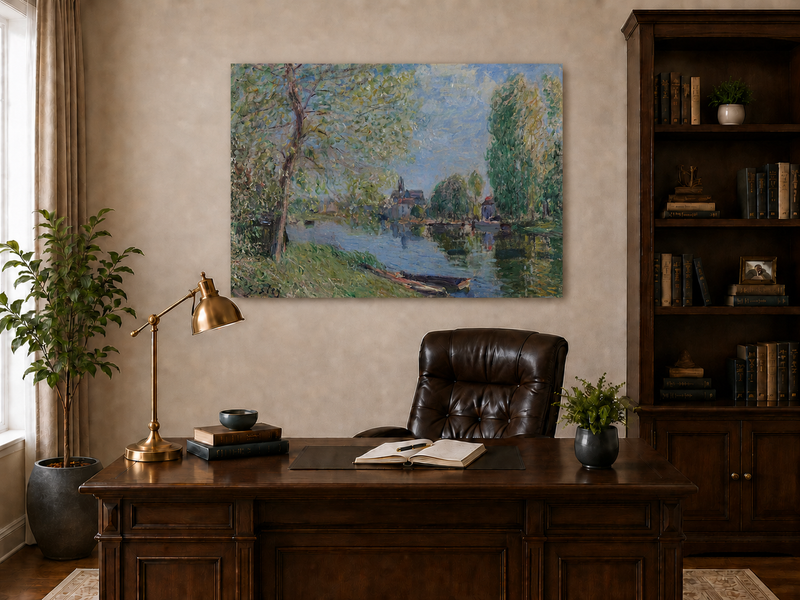 Landscape Oil Painting - Quiet River with Trees and Village View