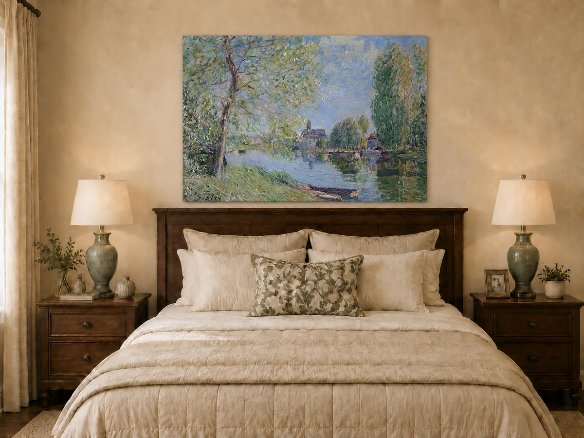 Landscape Oil Painting - Quiet River with Trees and Village View