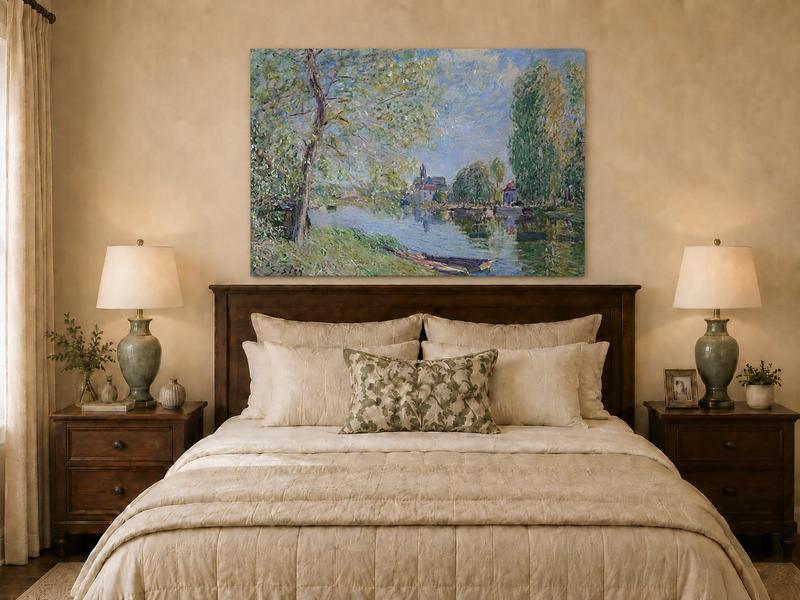 Landscape Oil Painting - Quiet River with Trees and Village View