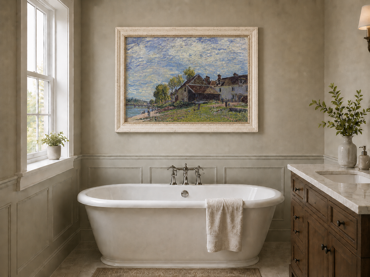 Landscape Oil Painting - Riverside Village Houses in Soft Light
