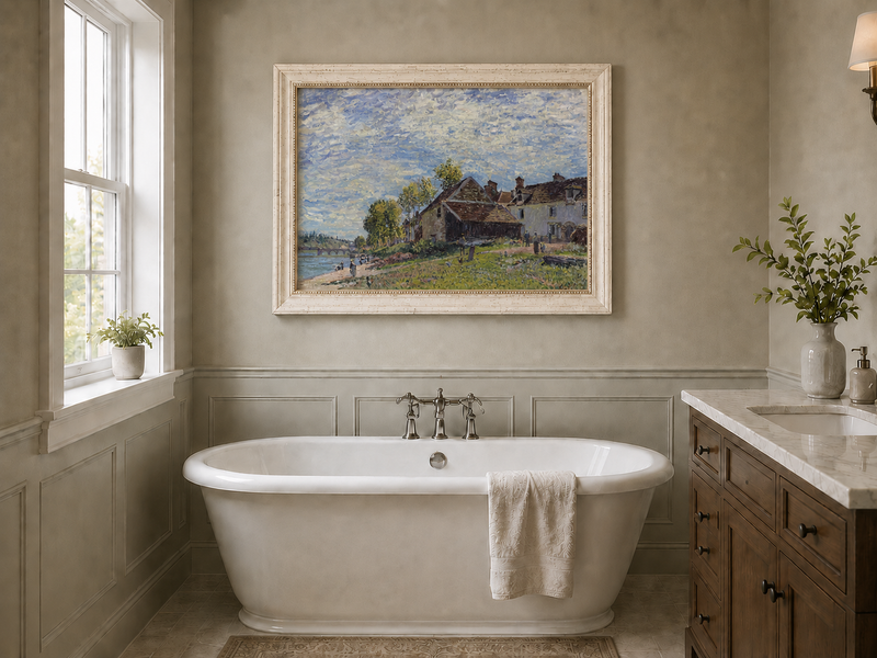 Landscape Oil Painting - Riverside Village Houses in Soft Light