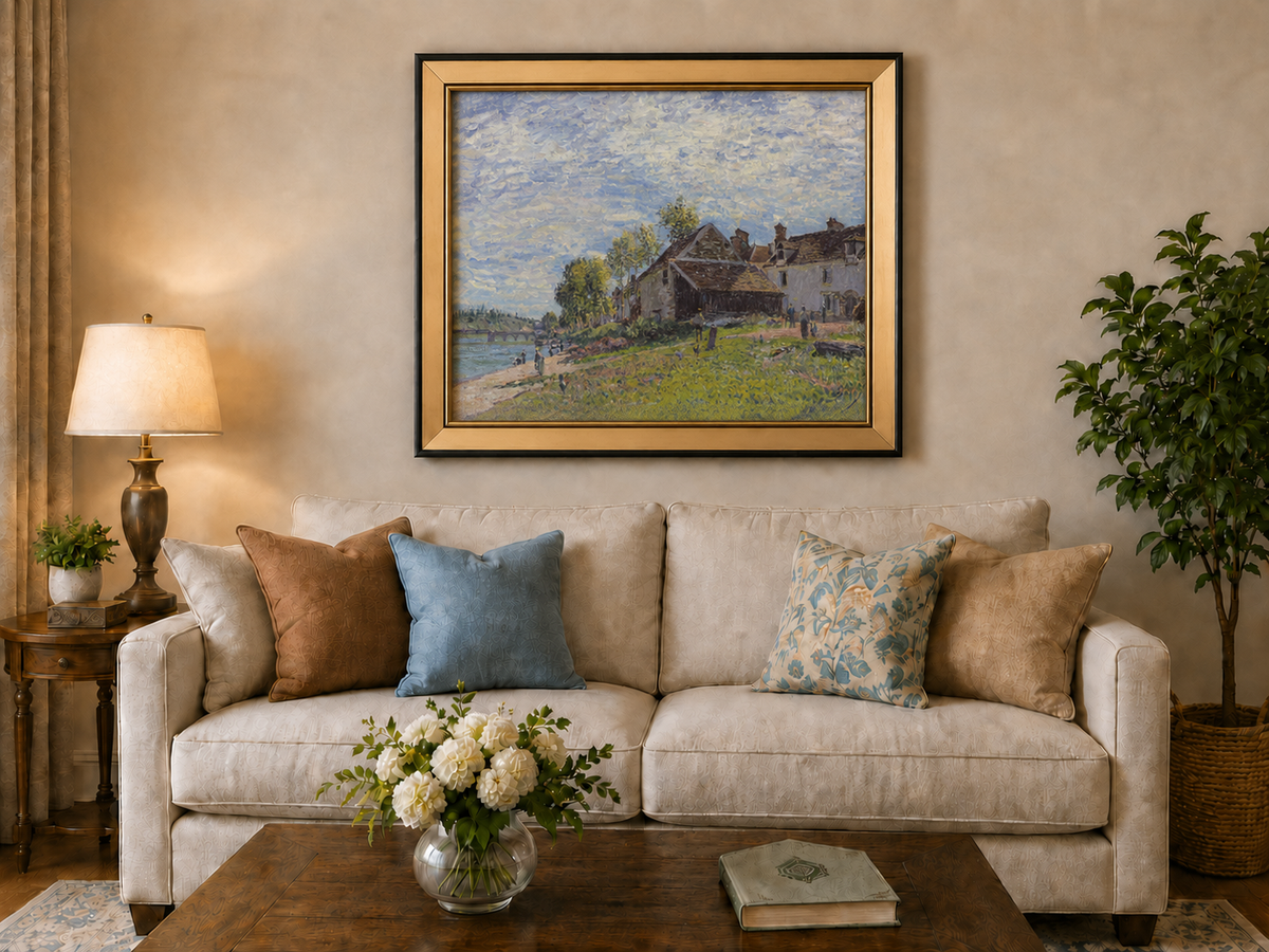 Landscape Oil Painting - Riverside Village Houses in Soft Light