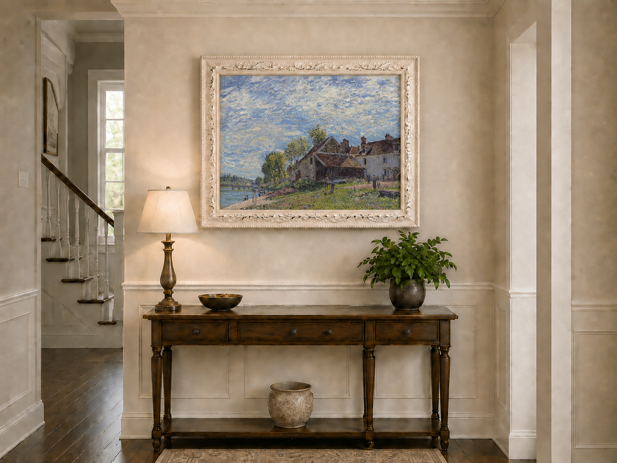 Landscape Oil Painting - Riverside Village Houses in Soft Light
