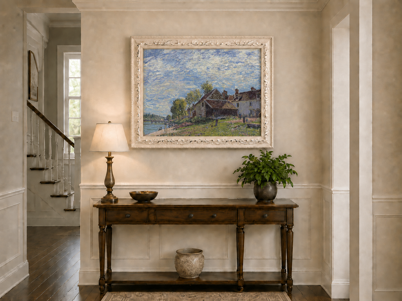 Landscape Oil Painting - Riverside Village Houses in Soft Light