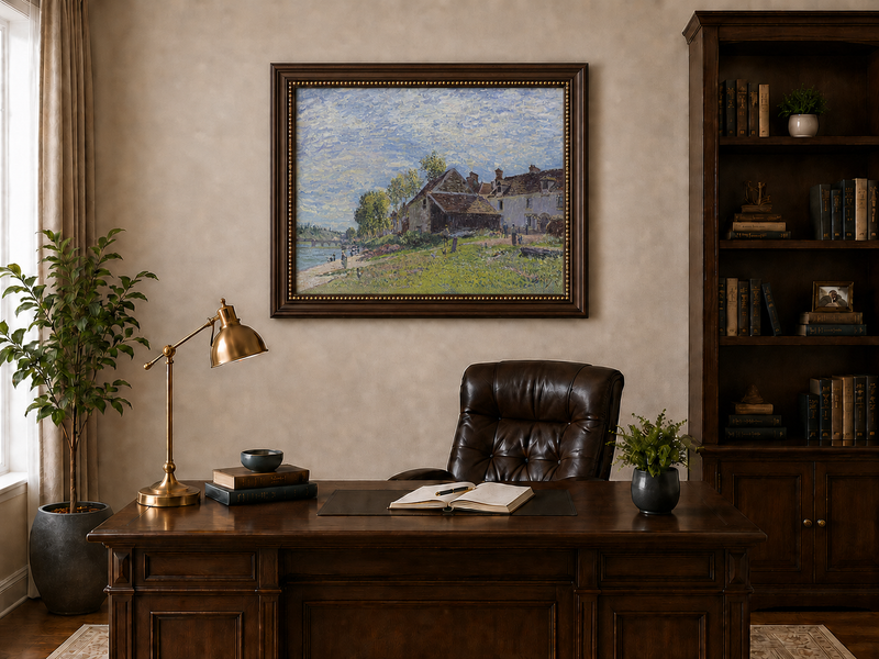 Landscape Oil Painting - Riverside Village Houses in Soft Light