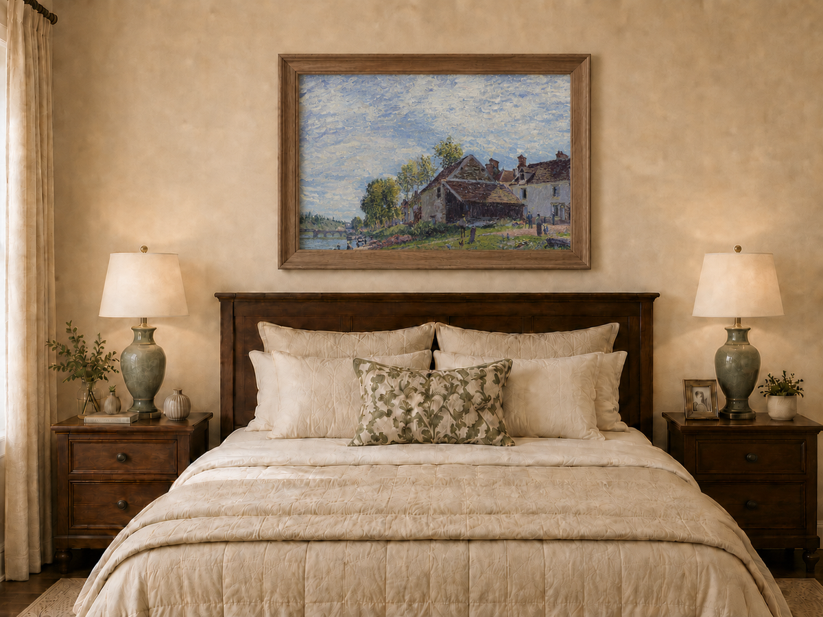 Landscape Oil Painting - Riverside Village Houses in Soft Light