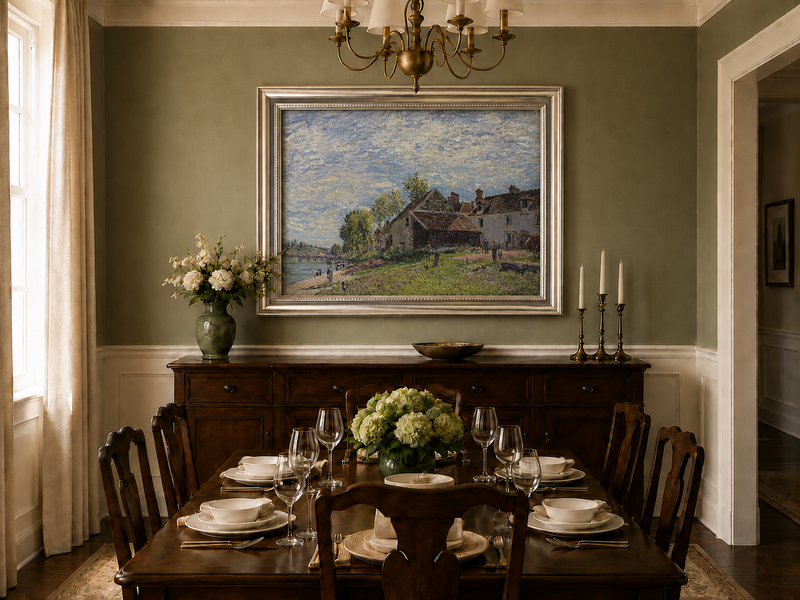 Landscape Oil Painting - Riverside Village Houses in Soft Light