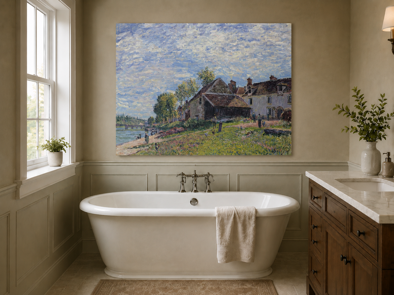 Landscape Oil Painting - Riverside Village Houses in Soft Light