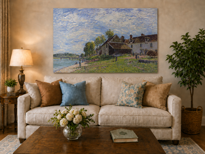 Landscape Oil Painting - Riverside Village Houses in Soft Light