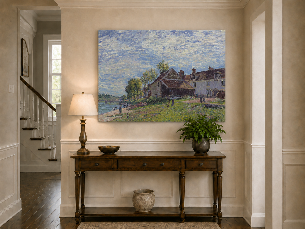 Landscape Oil Painting - Riverside Village Houses in Soft Light