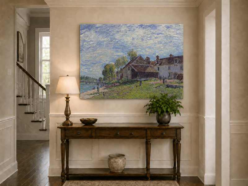 Landscape Oil Painting - Riverside Village Houses in Soft Light
