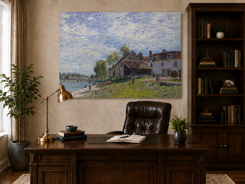 Landscape Oil Painting - Riverside Village Houses in Soft Light