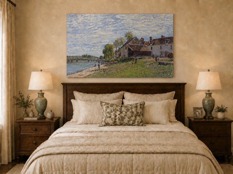 Landscape Oil Painting - Riverside Village Houses in Soft Light