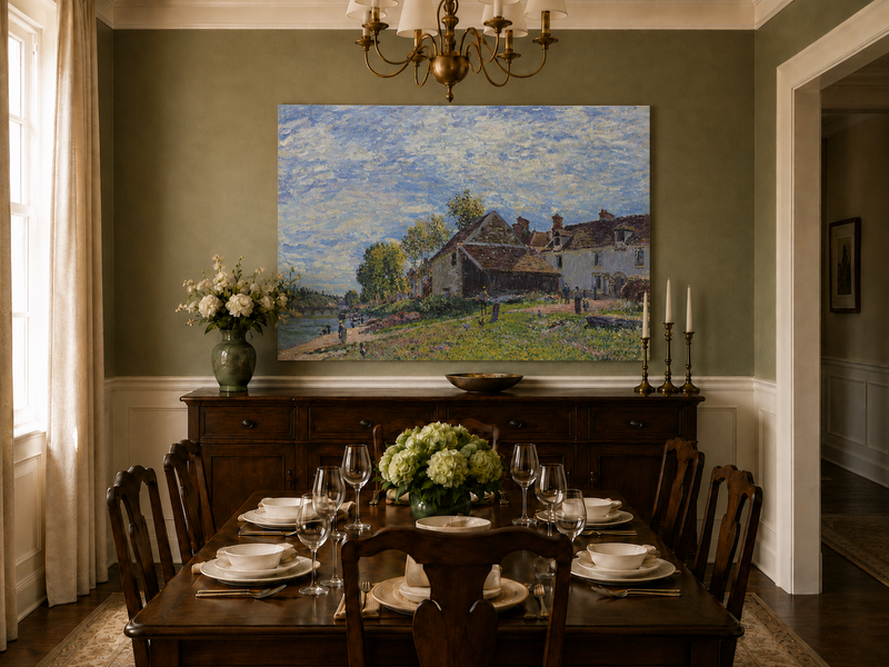Landscape Oil Painting - Riverside Village Houses in Soft Light
