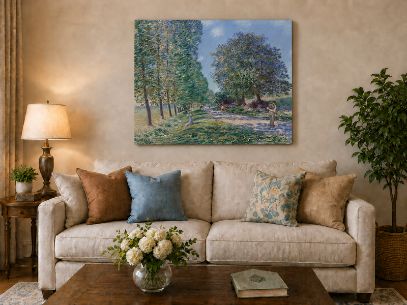 Landscape Oil Painting - Country Road with Trees and Cattle
