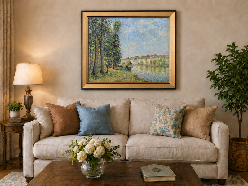 Landscape Oil Painting - Riverbank Trees and Cliffs in Soft Light