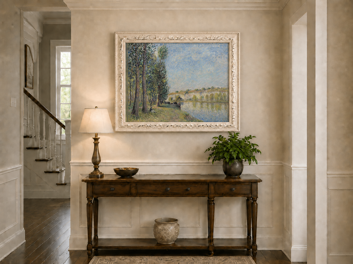 Landscape Oil Painting - Riverbank Trees and Cliffs in Soft Light