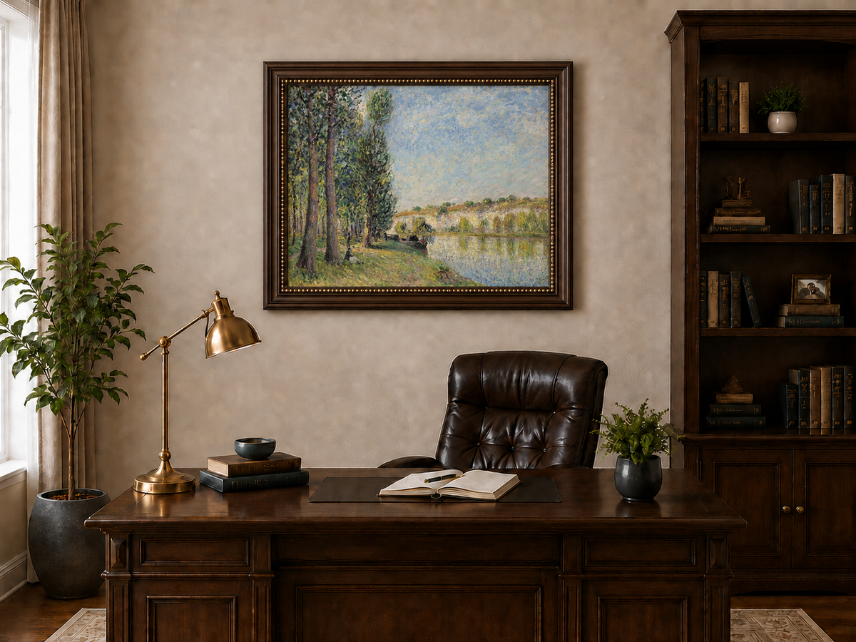 Landscape Oil Painting - Riverbank Trees and Cliffs in Soft Light