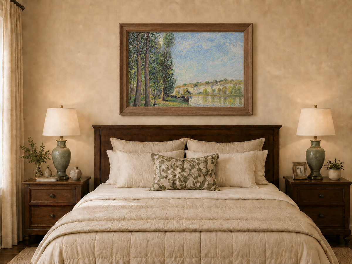 Landscape Oil Painting - Riverbank Trees and Cliffs in Soft Light