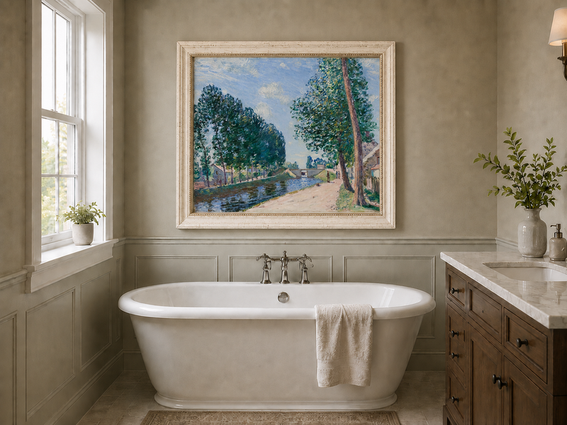 Landscape Oil Painting - Tree-Lined Canal & Riverside Path