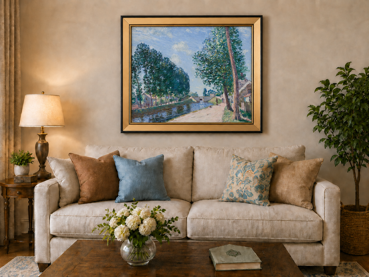 Landscape Oil Painting - Tree-Lined Canal & Riverside Path