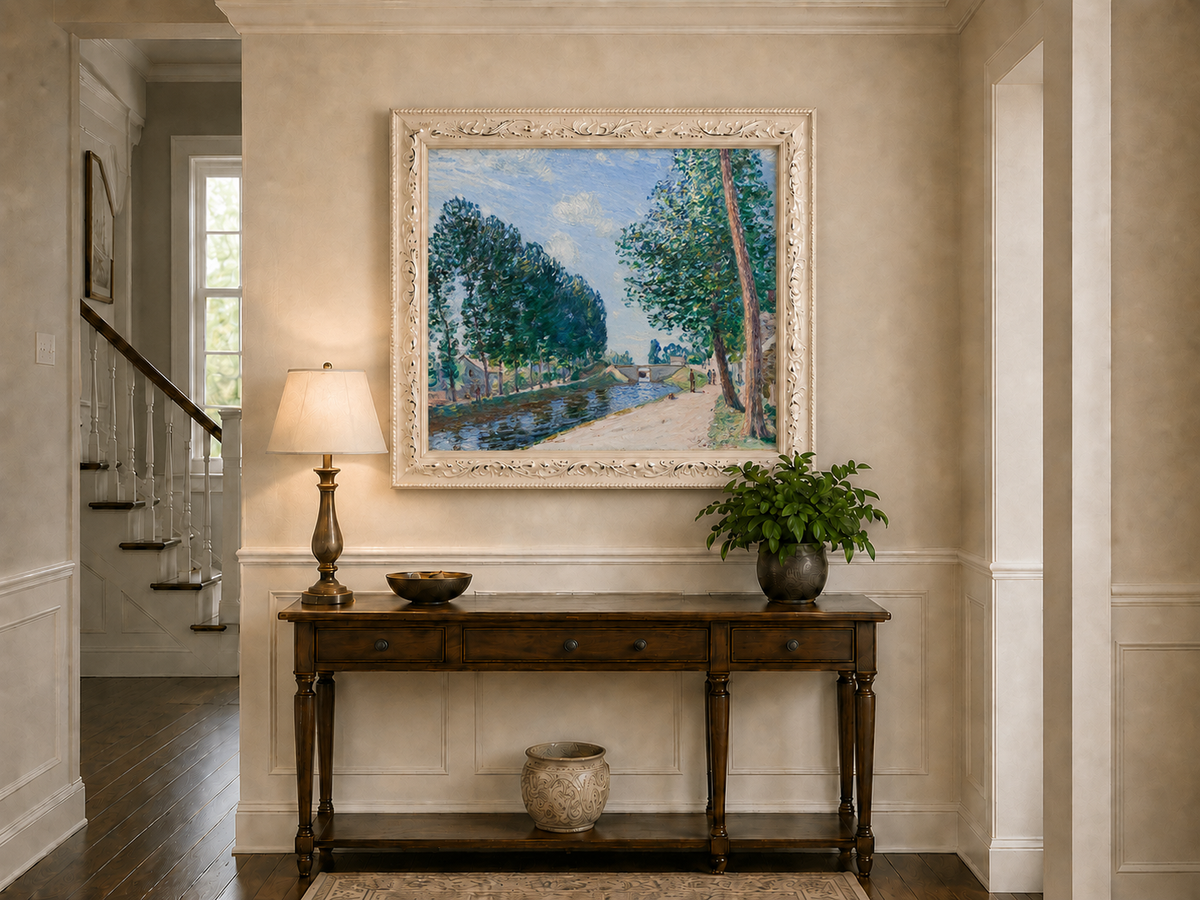 Landscape Oil Painting - Tree-Lined Canal & Riverside Path