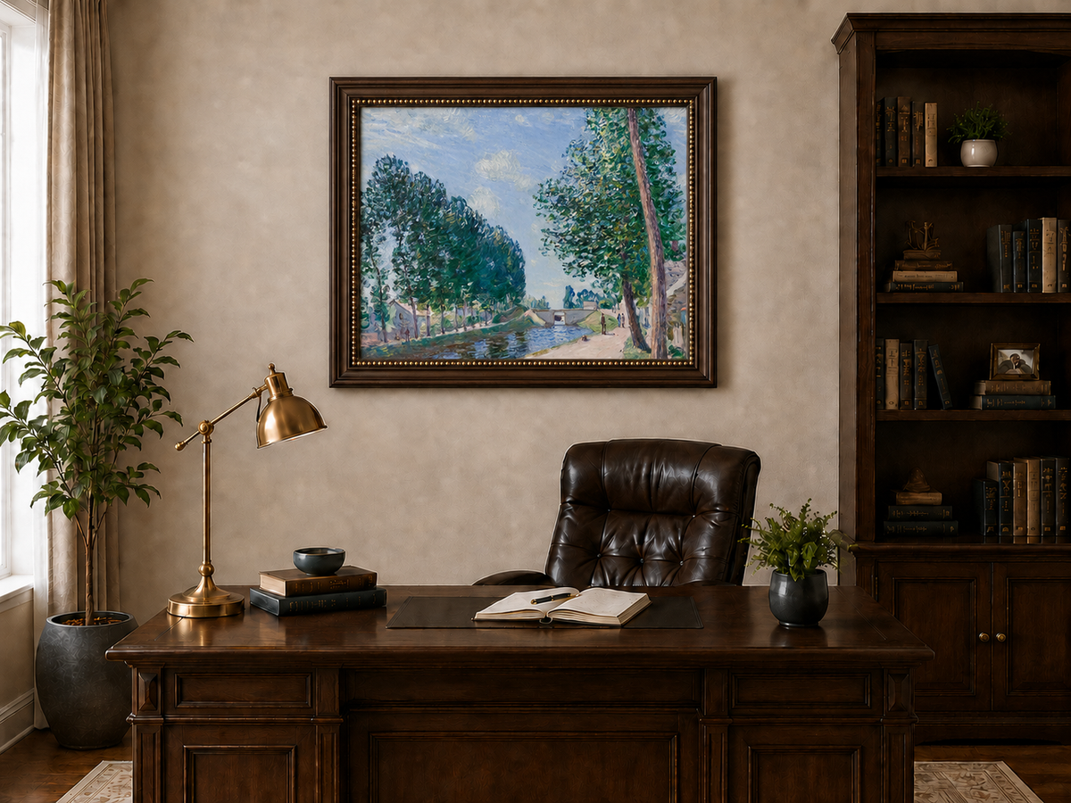 Landscape Oil Painting - Tree-Lined Canal & Riverside Path