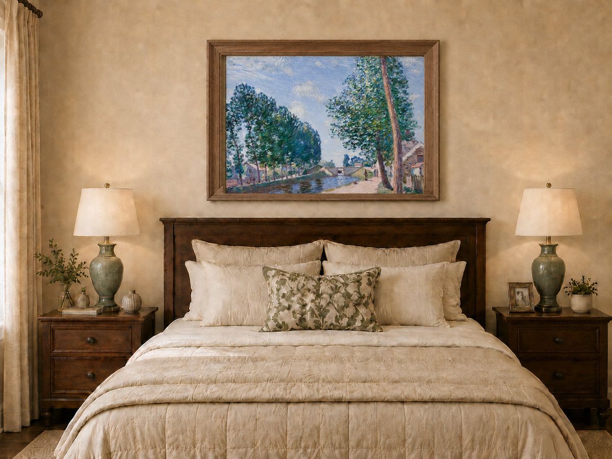 Landscape Oil Painting - Tree-Lined Canal & Riverside Path