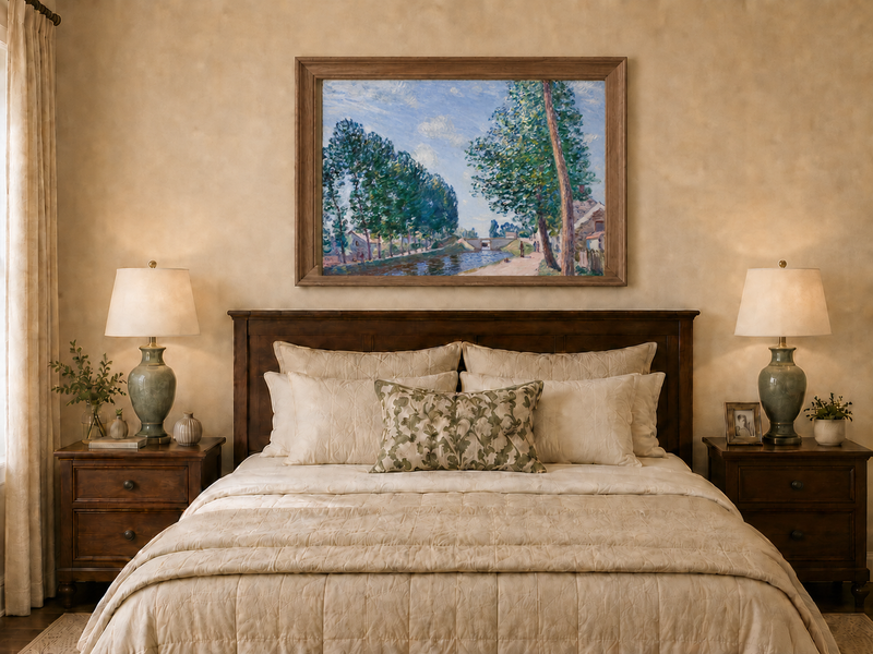 Landscape Oil Painting - Tree-Lined Canal & Riverside Path