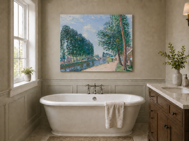 Landscape Oil Painting - Tree-Lined Canal & Riverside Path