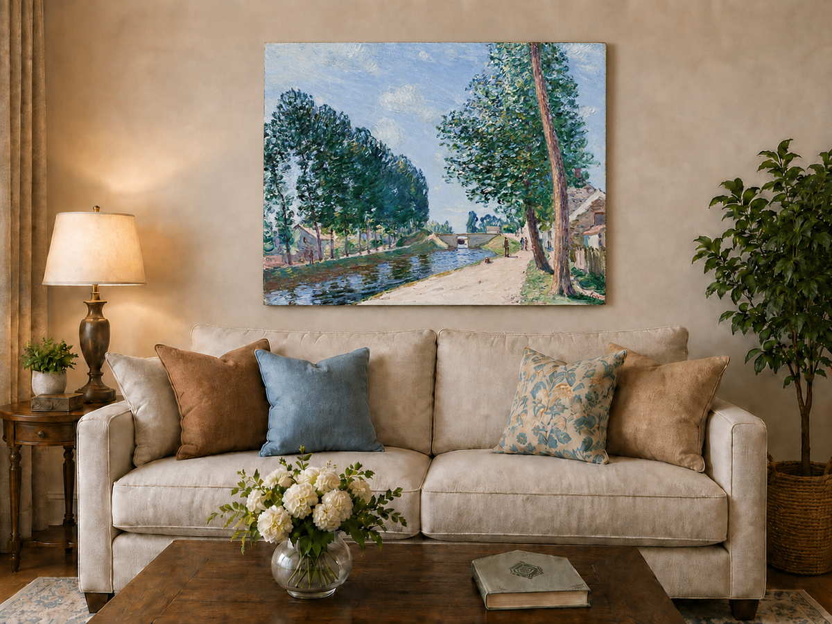 Landscape Oil Painting - Tree-Lined Canal & Riverside Path