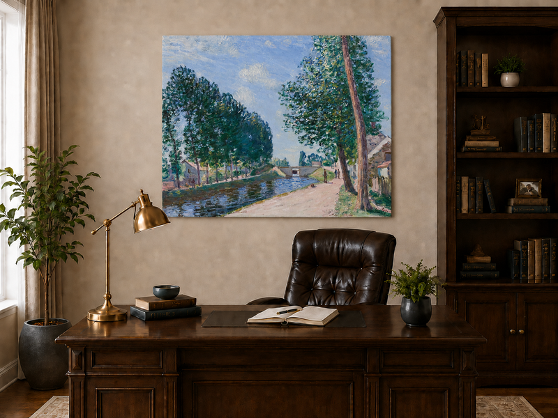 Landscape Oil Painting - Tree-Lined Canal & Riverside Path