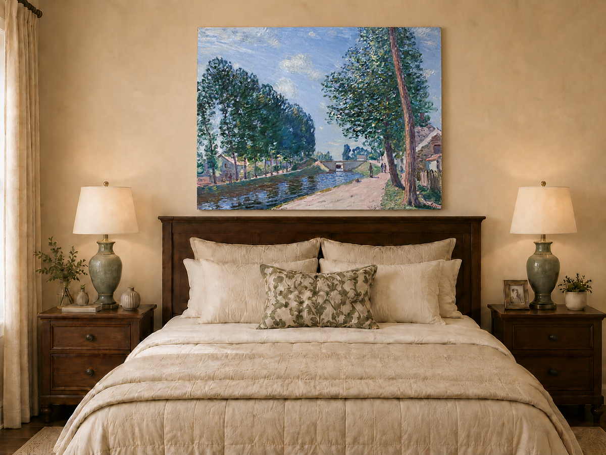 Landscape Oil Painting - Tree-Lined Canal & Riverside Path