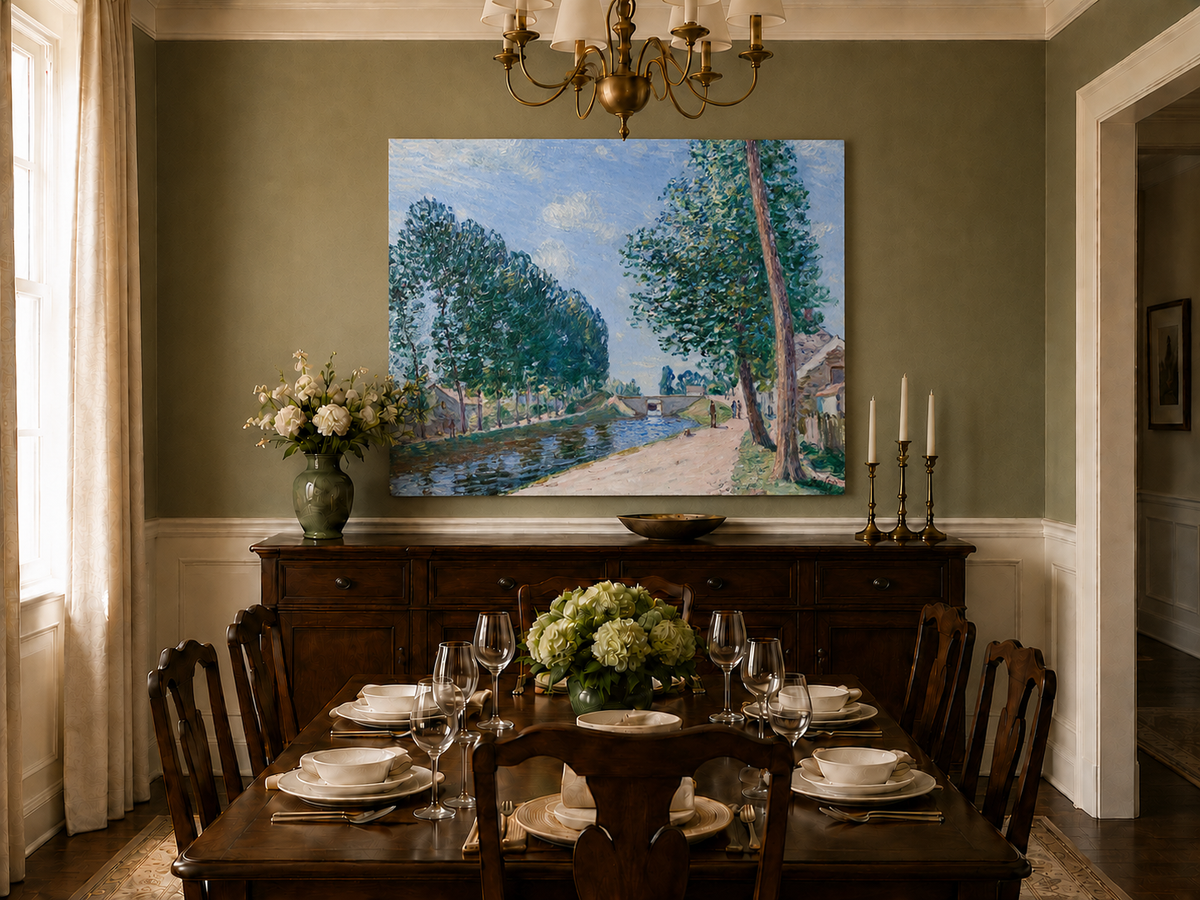 Landscape Oil Painting - Tree-Lined Canal & Riverside Path