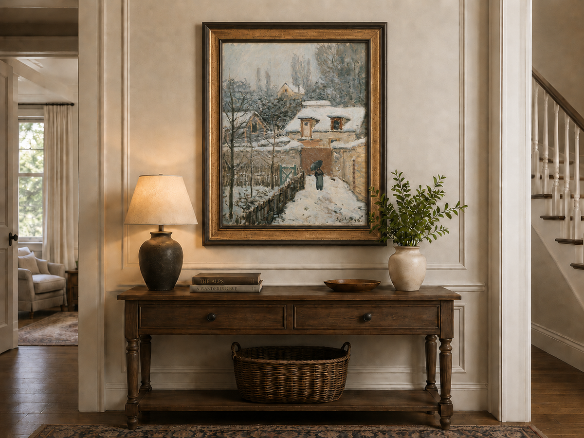 Peinture à l'huile de paysage - Rivière printanière avec pêcheur et arbres