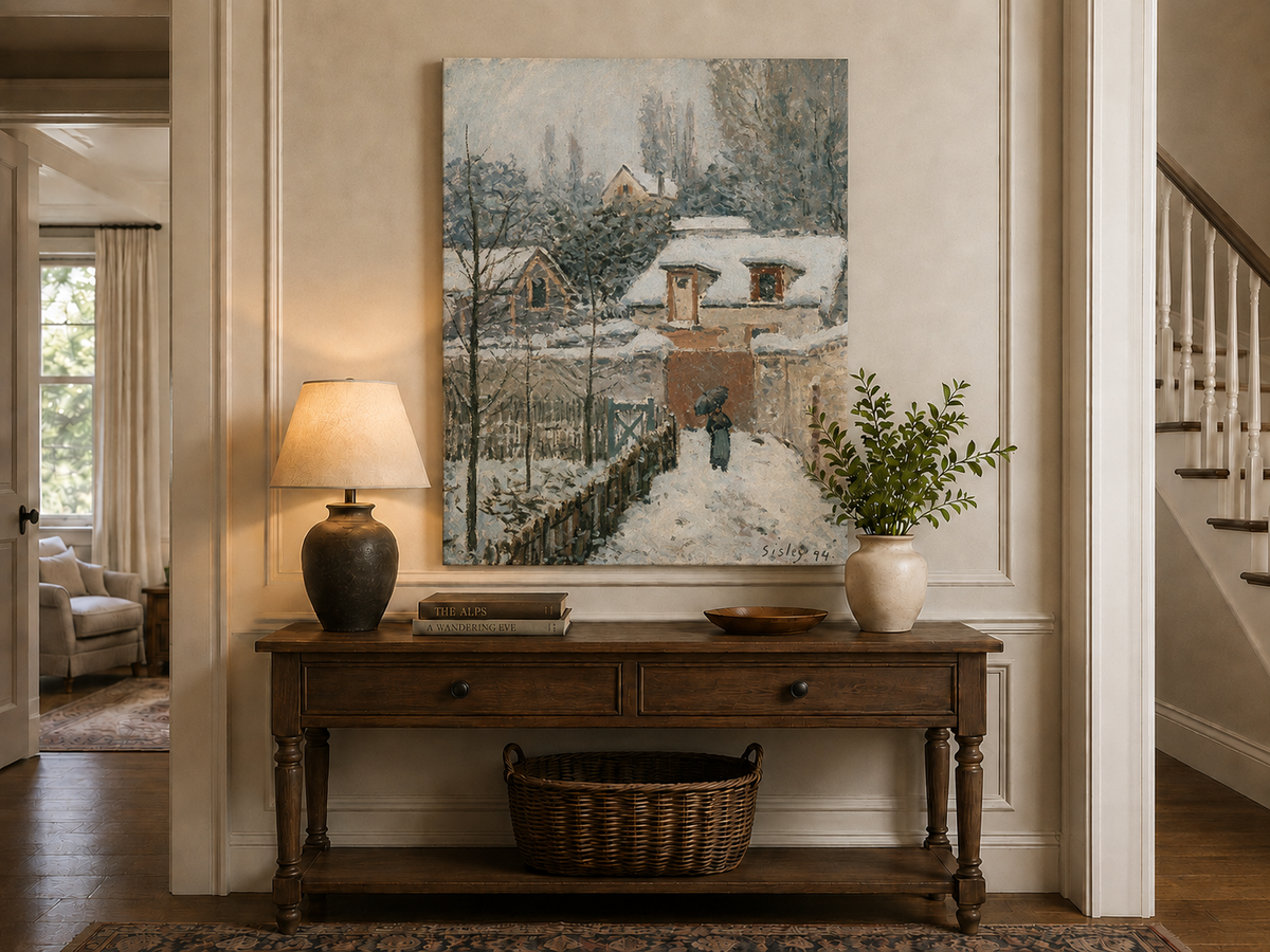 Peinture à l'huile de paysage - Rivière printanière avec pêcheur et arbres
