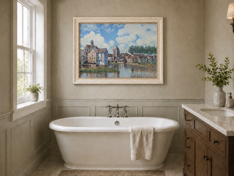 Landscape Oil Painting - Riverside Town with Church and Bridge