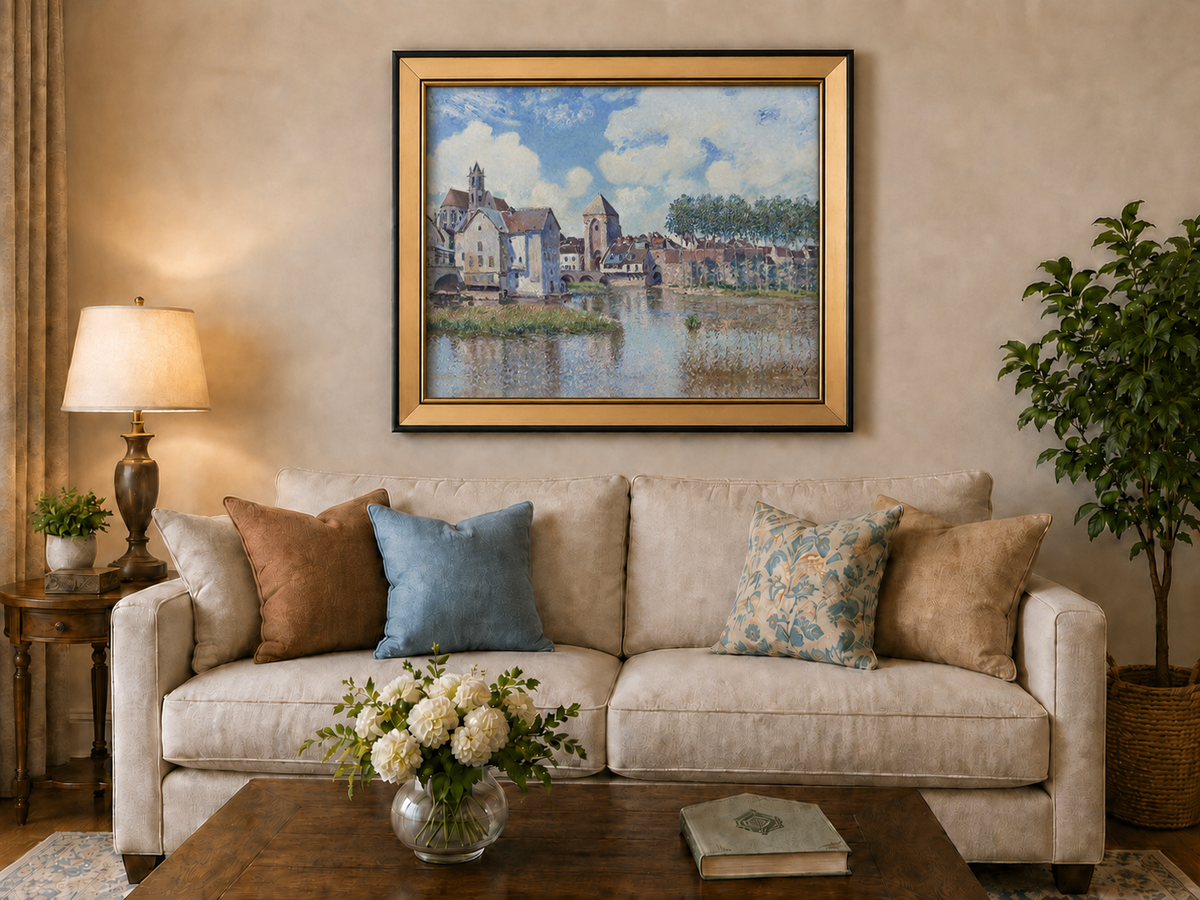 Landscape Oil Painting - Riverside Town with Church and Bridge