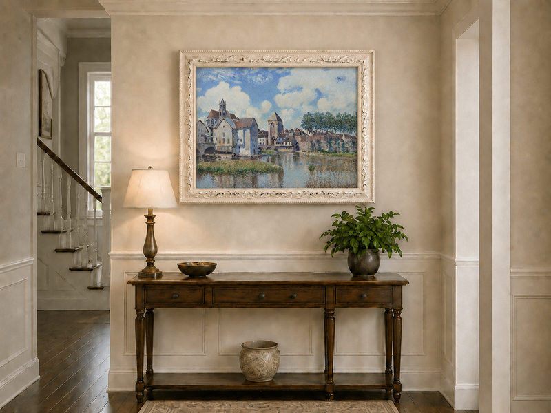 Landscape Oil Painting - Riverside Town with Church and Bridge