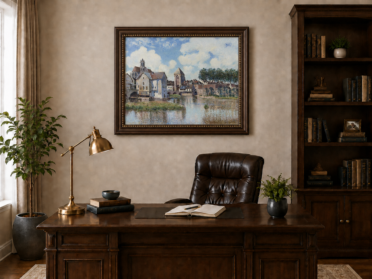 Landscape Oil Painting - Riverside Town with Church and Bridge