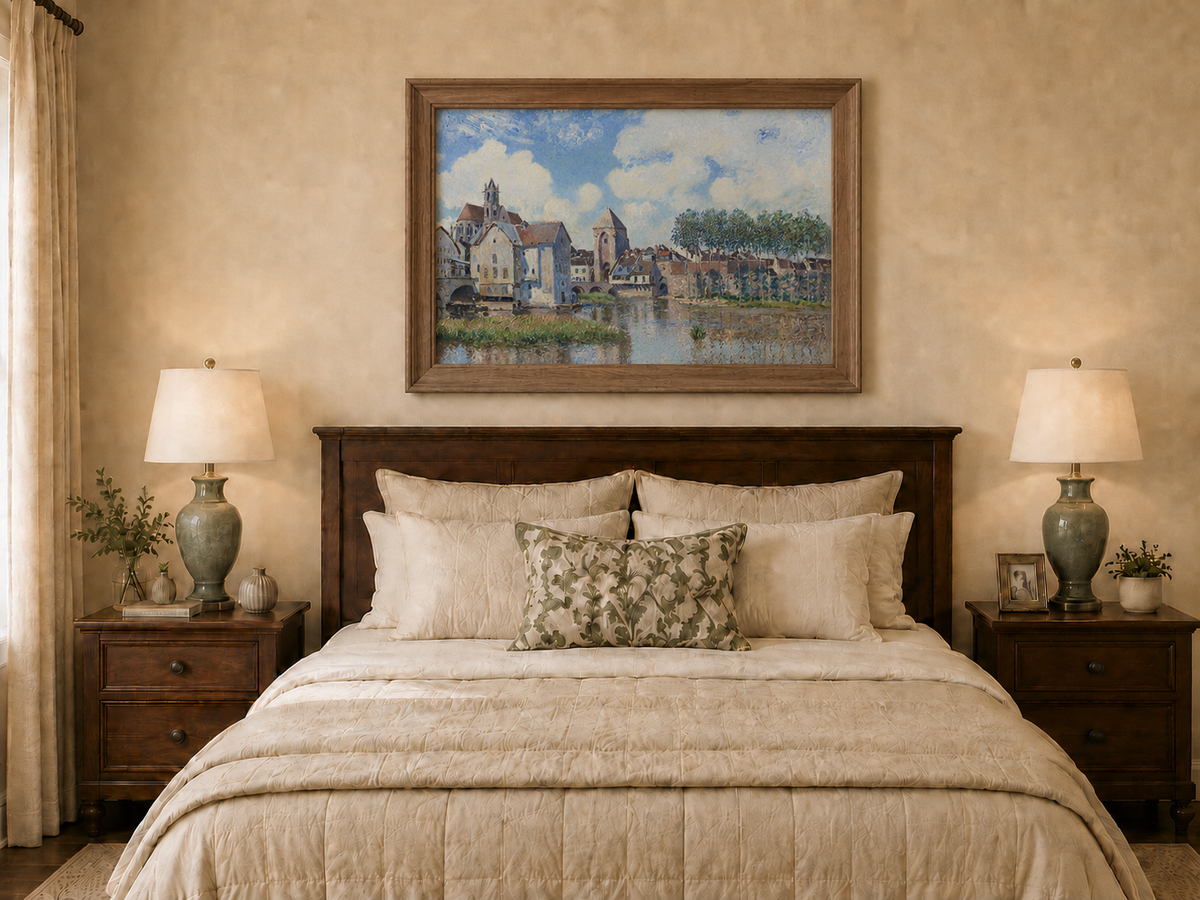 Landscape Oil Painting - Riverside Town with Church and Bridge