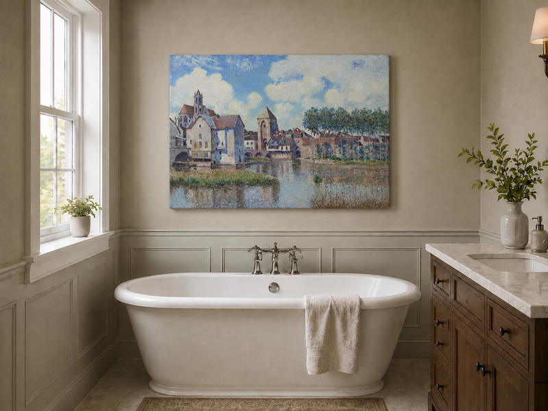 Landscape Oil Painting - Riverside Town with Church and Bridge