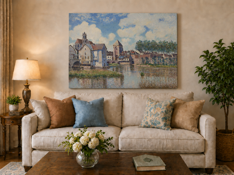 Landscape Oil Painting - Riverside Town with Church and Bridge