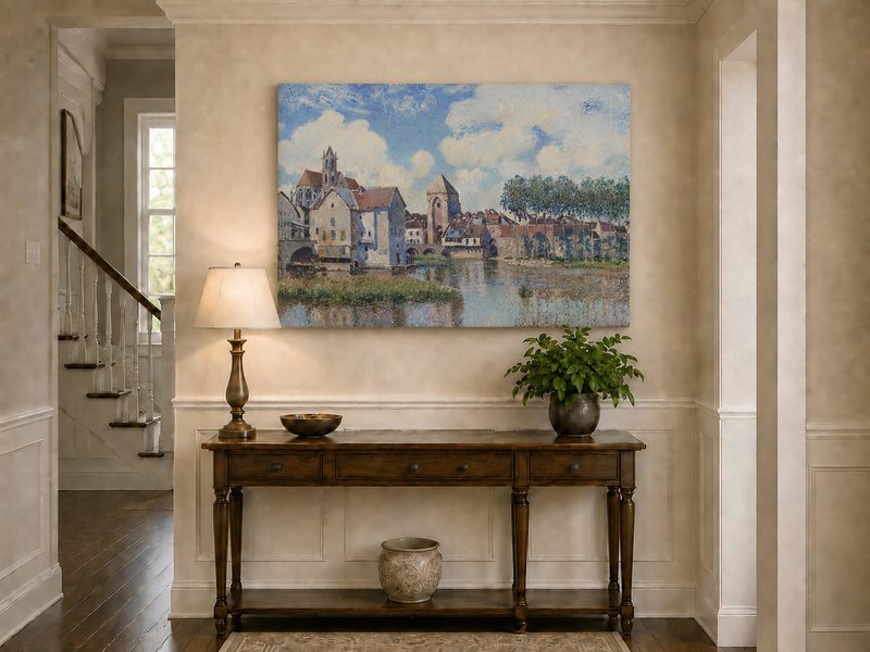 Landscape Oil Painting - Riverside Town with Church and Bridge