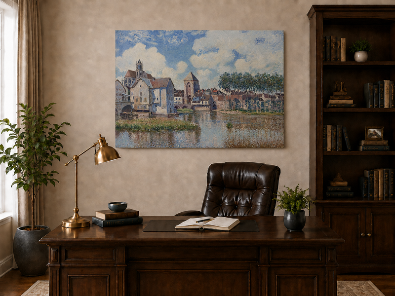 Landscape Oil Painting - Riverside Town with Church and Bridge