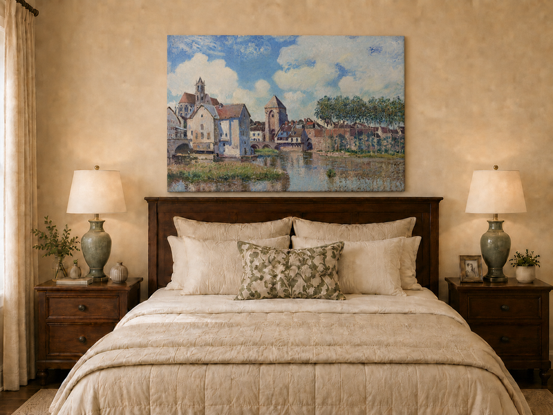 Landscape Oil Painting - Riverside Town with Church and Bridge