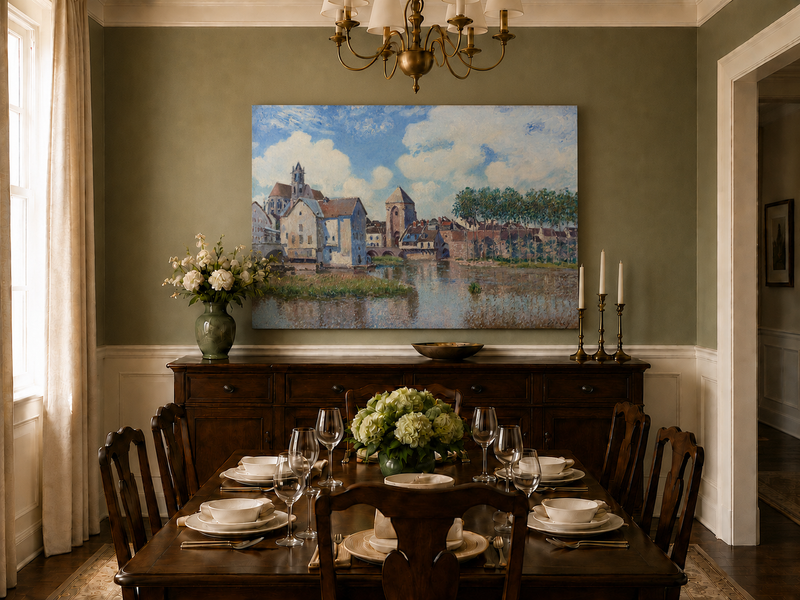 Landscape Oil Painting - Riverside Town with Church and Bridge