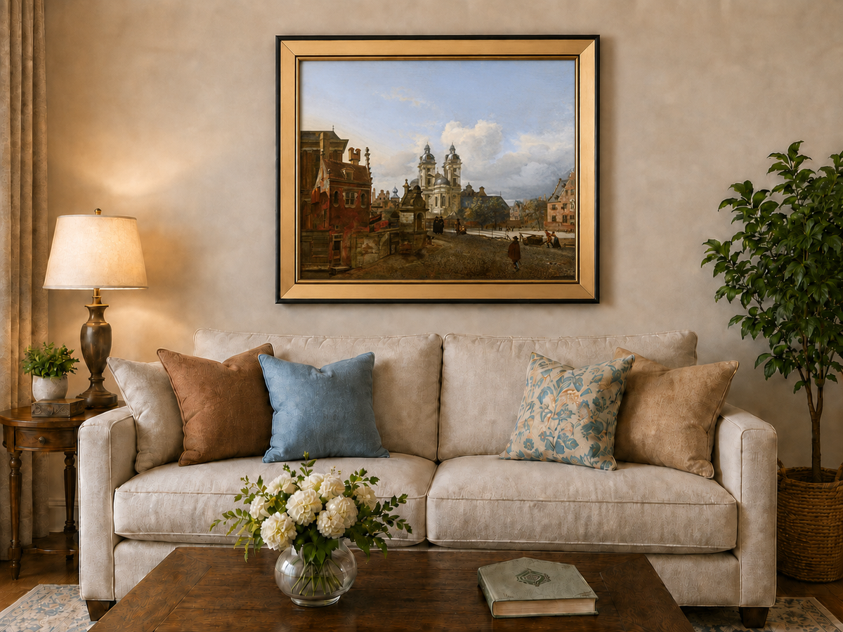 Ölgemälde Landschaft – Urbane Historische Gebäude & Figuren