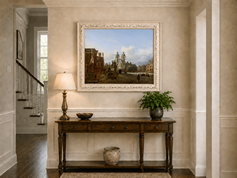 Ölgemälde Landschaft – Urbane Historische Gebäude & Figuren